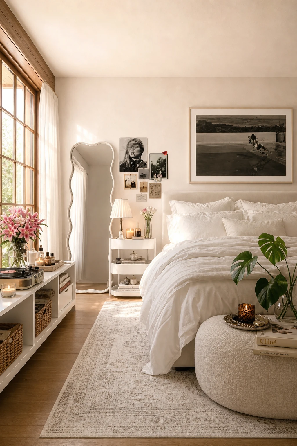 A sunlit bedroom with white bedding, a curved full-length mirror, pink flowers, and wood-framed windows