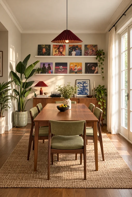 A sunlit dining room with green chairs and colorful art