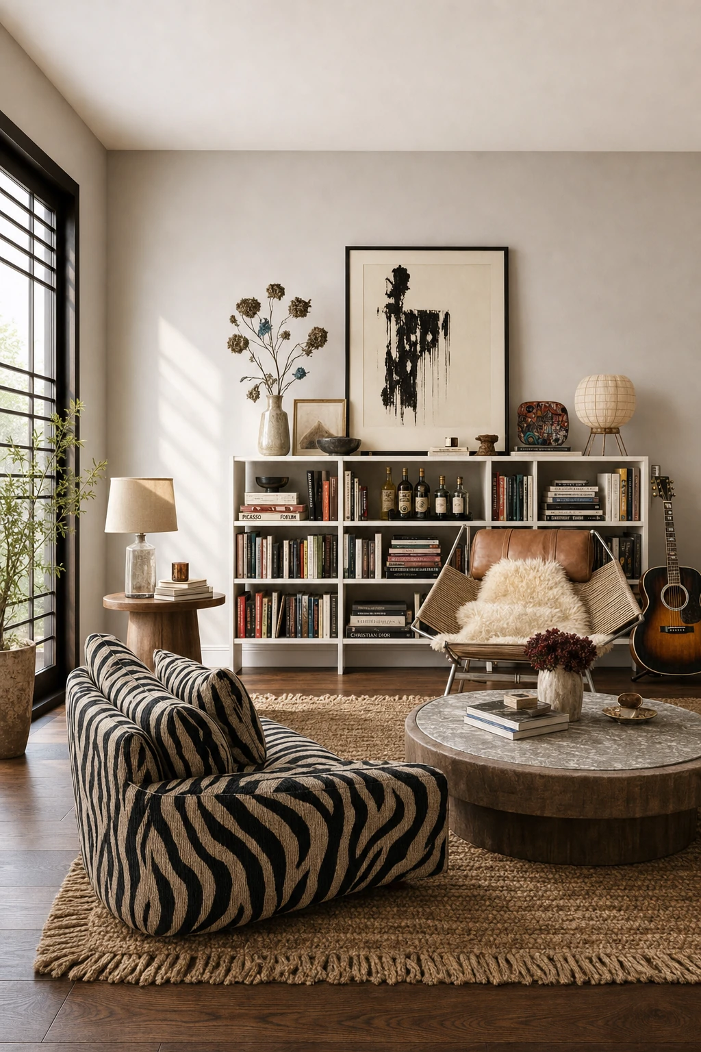 A redesigned living room with a zebra-patterned chair, round stone coffee table, bookshelves, and a guitar