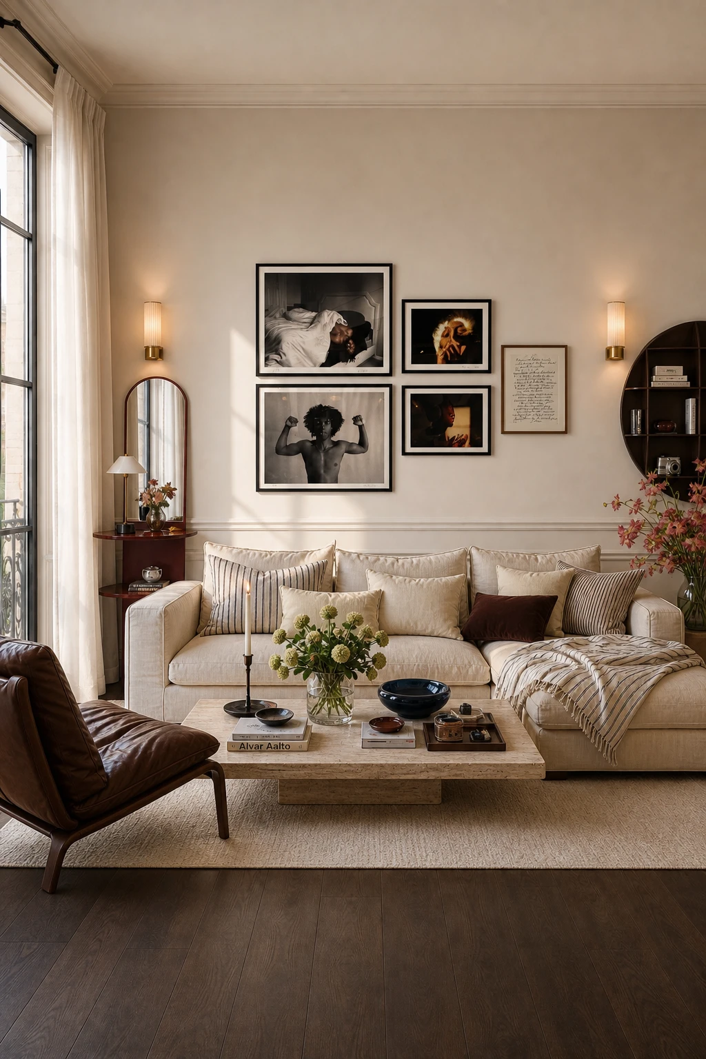 A living room with a cream sofa, brown leather chair, stone coffee table, and framed photo gallery