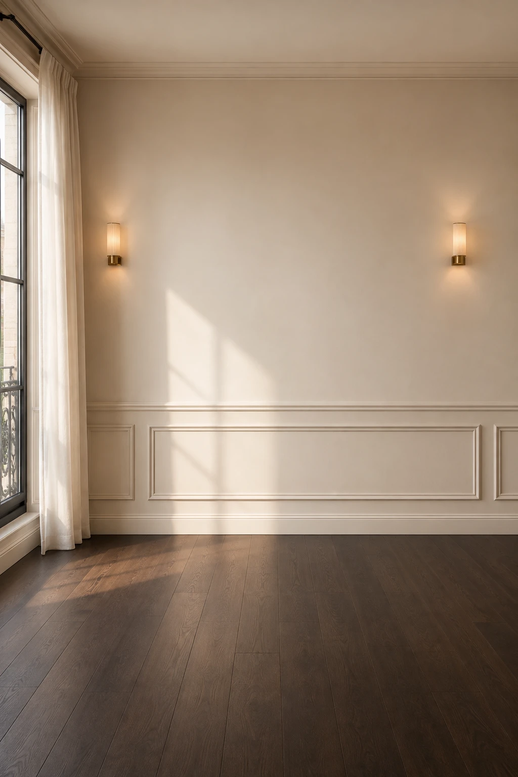 The original empty room with paneled walls, two wall lamps, and dark wood flooring