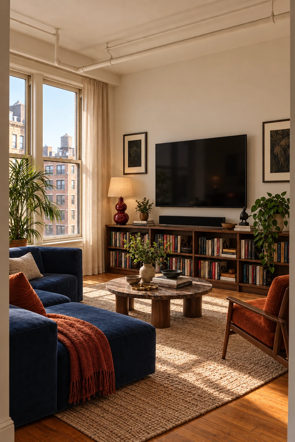 A redesigned living room with a navy sofa, rust armchair, round stone coffee table, television, and wooden bookshelves