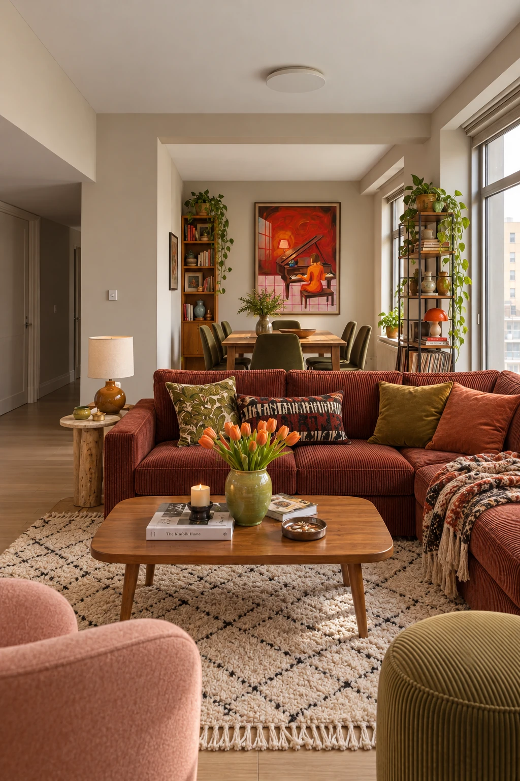 A living room redesigned with a rust-colored sofa, pink armchair, plants, and warm artwork